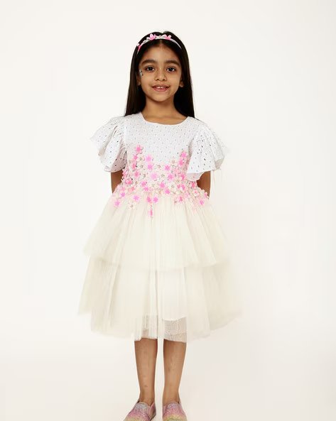 A LITTLE FABLE Girls Applique Round-Neck Tiered Dress