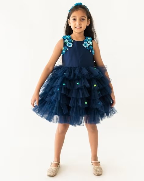 A LITTLE FABLE Girls Fit & Flare Dress with Floral Applique