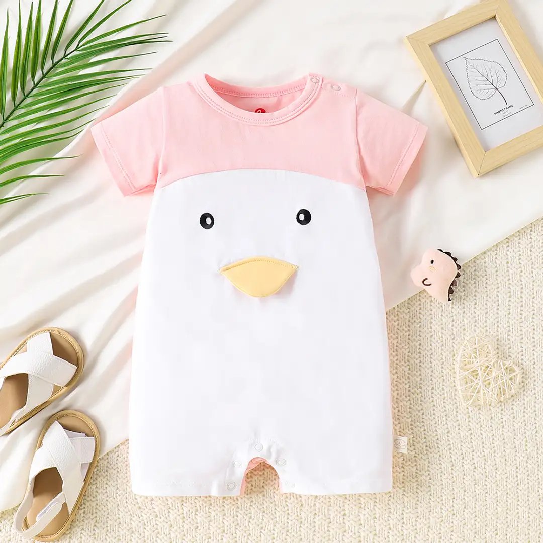 Girls Pink and White Color-Block Print Applique Romper